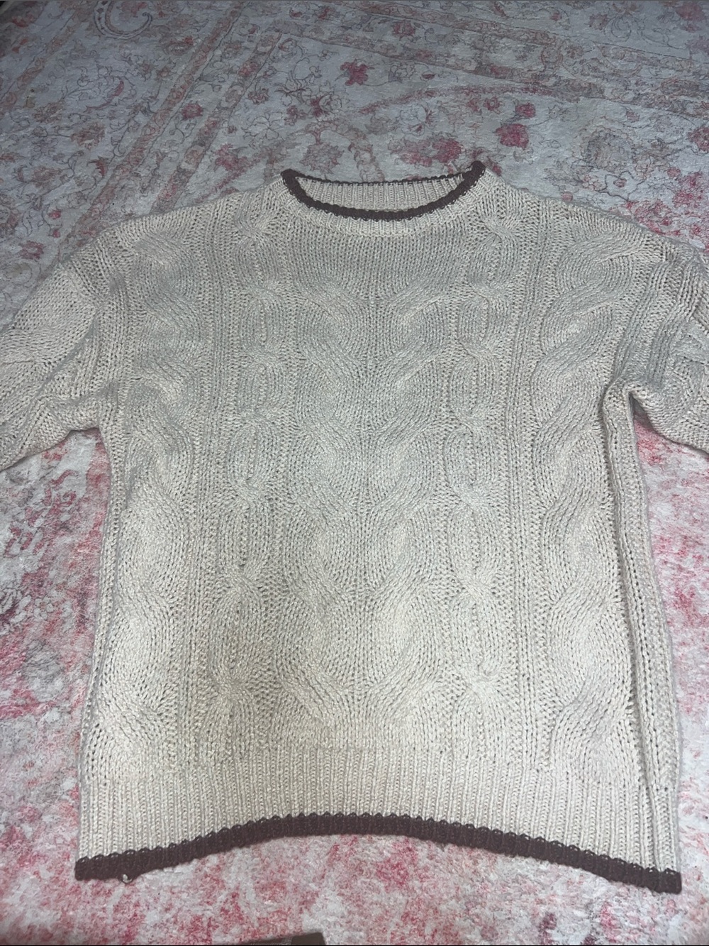 Cream Cable Knit Crewneck Sweater with Brown Trim